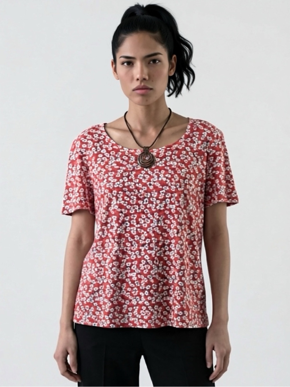 Lucky Brand Tee Red Floral Scoop Neck Cotton Modal Size Large